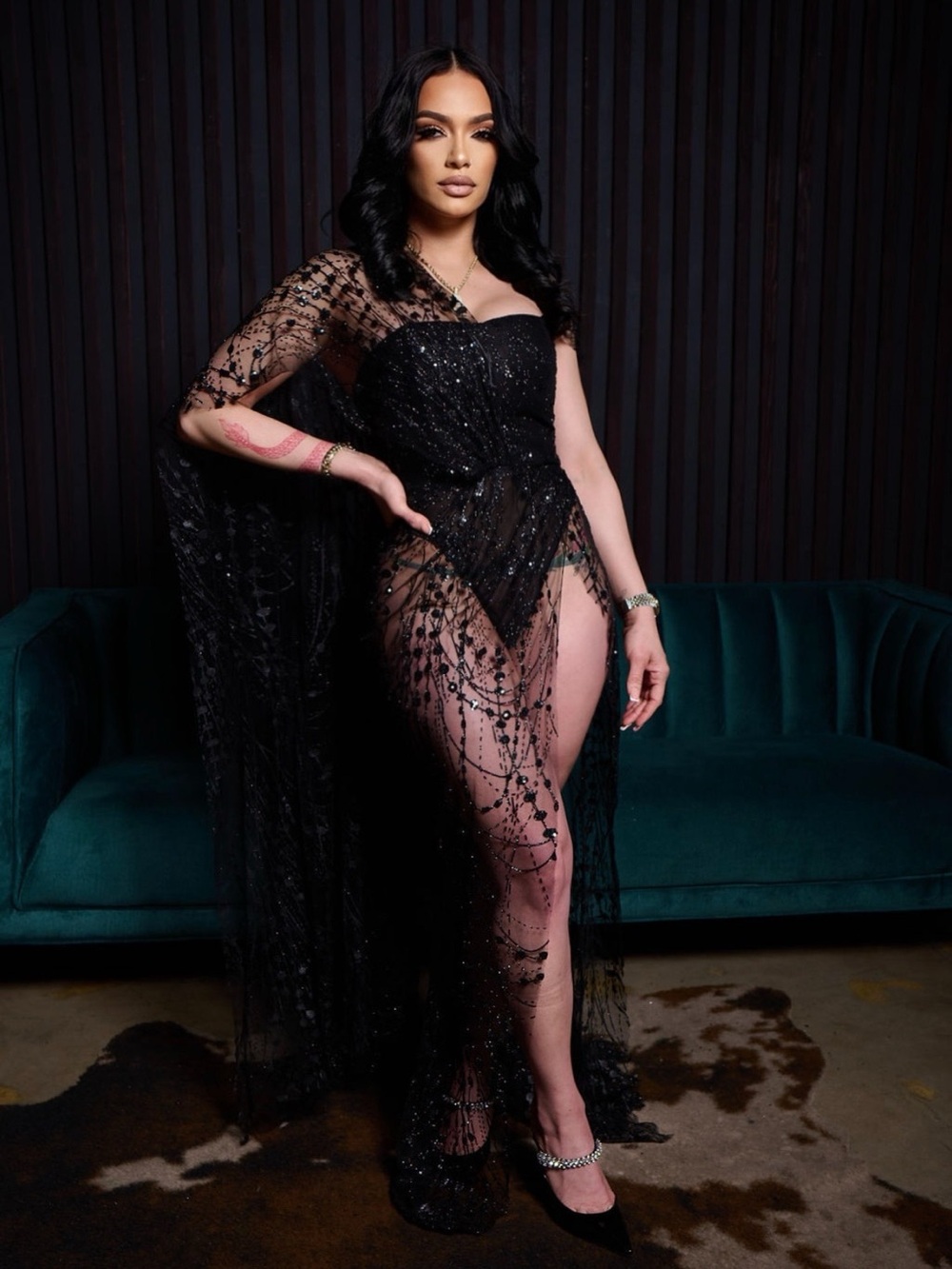 Black Sheer Sequined Maxi Dress with Draped Cape